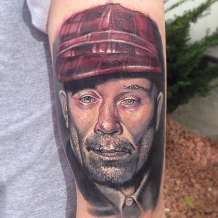 Evan Olin - Full color Ed Gein portrait tattoo from black and gray reference 